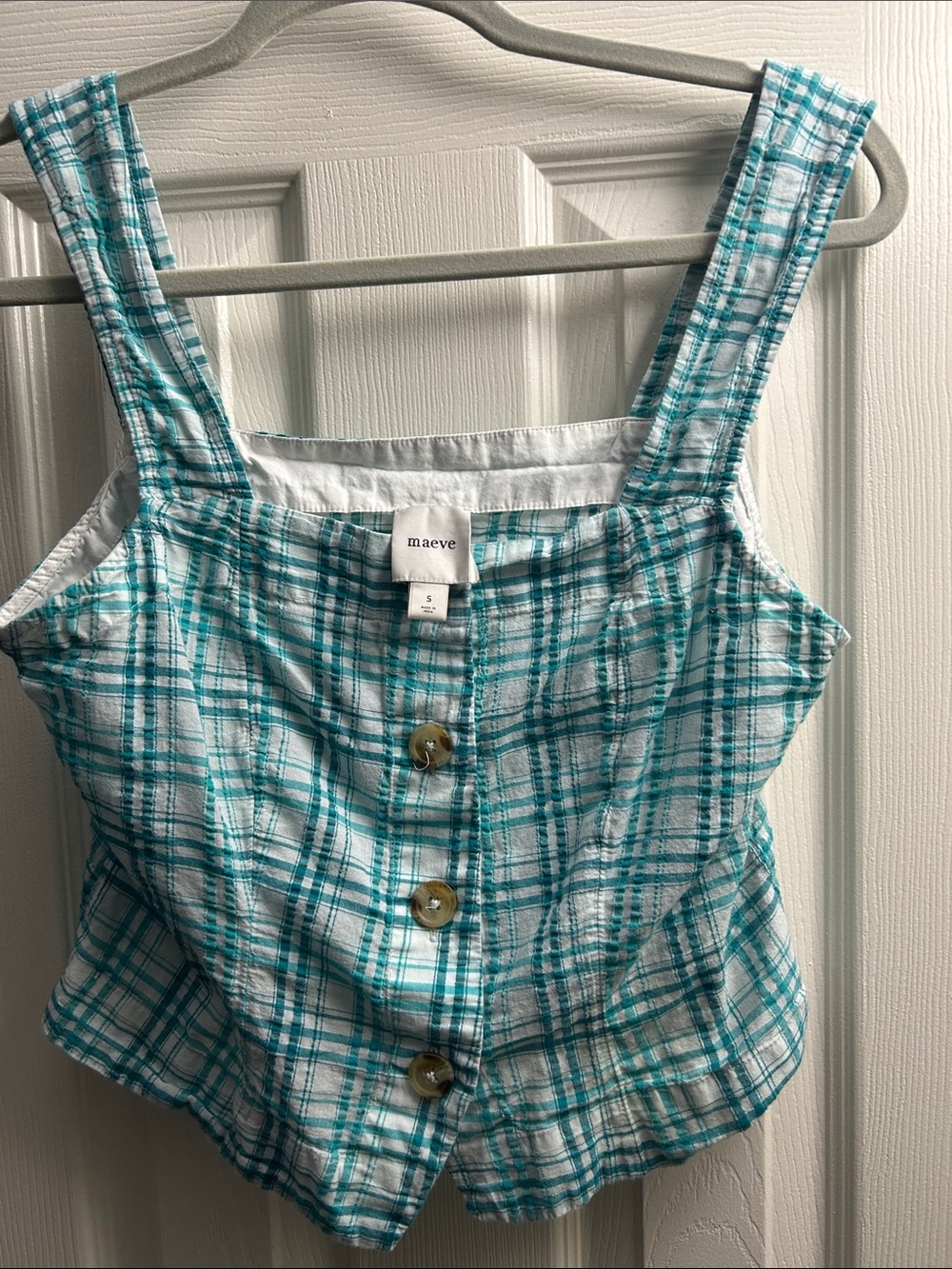 Maeve Teal and White Plaid Button-Front Tank Top